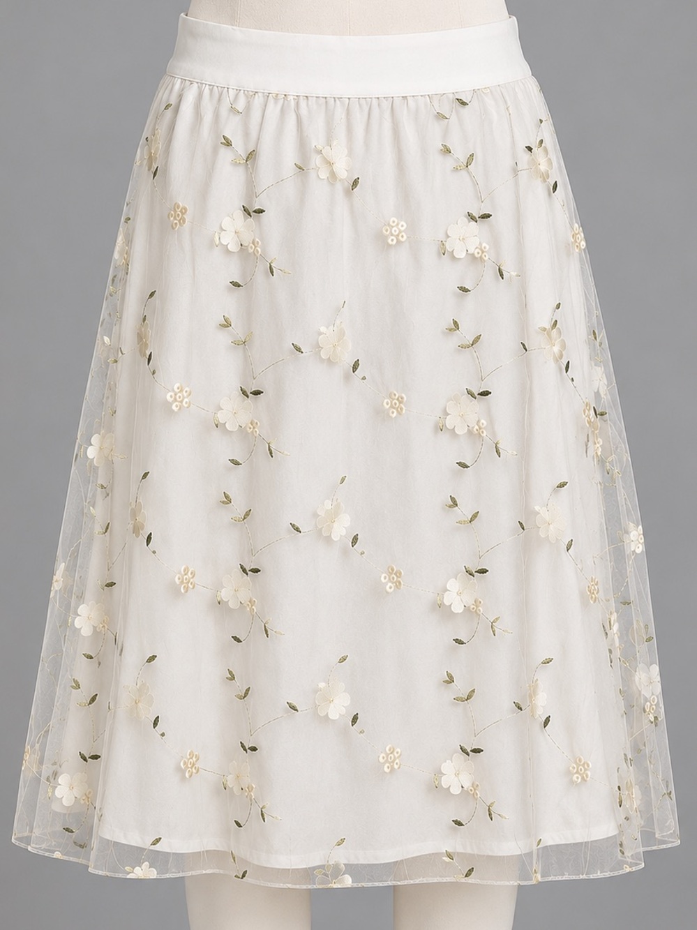 AliceBlue Cream/White, Lace, Floral Details, Lined, Midi Skirt- S - Picture 1 of 9